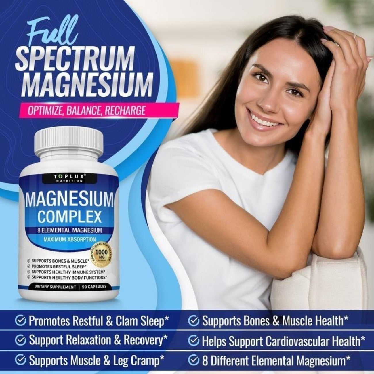 Toplux Magnesium Complex Supplement: 1000Mg of 8-Element Magnesium, 90 Capsules