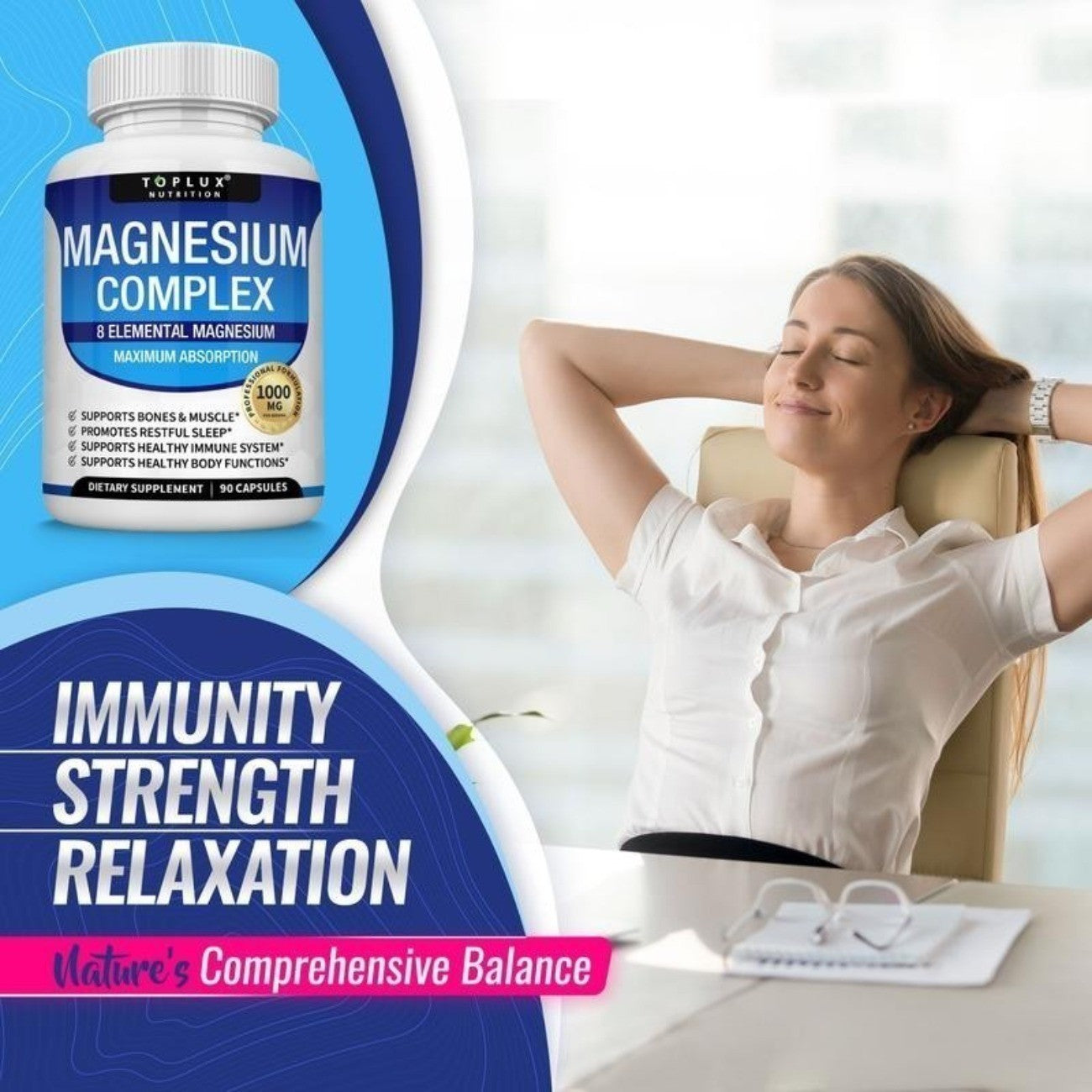 Toplux Magnesium Complex Supplement: 1000Mg of 8-Element Magnesium, 90 Capsules